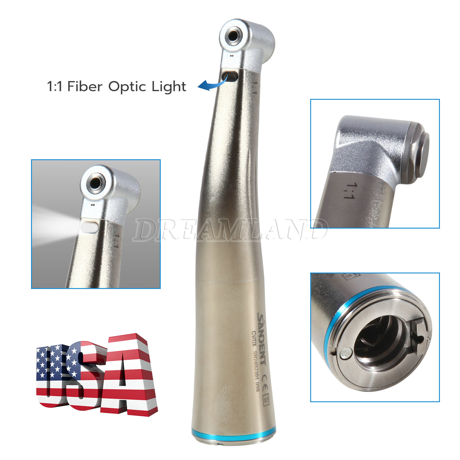 Dental 1:1 LED Fiber Optic Handpiece Contra Angle Fit Electric Motor