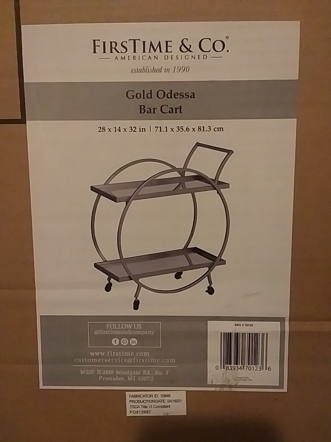2 Tier Gold Odessa Beverage Bar/Cart with Casters FirsTime & Co. AMAZON RETURN