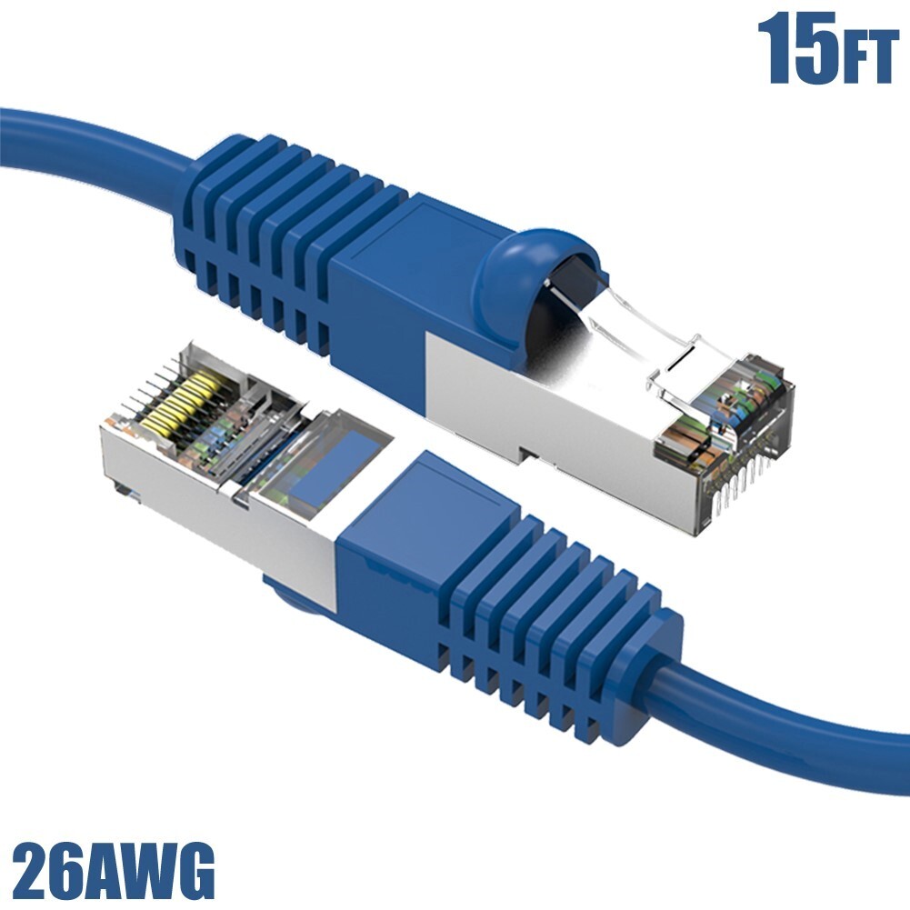 15FT Cat5E RJ45 Network LAN Ethernet FTP Shielded Patch Cable Copper Wire Blue