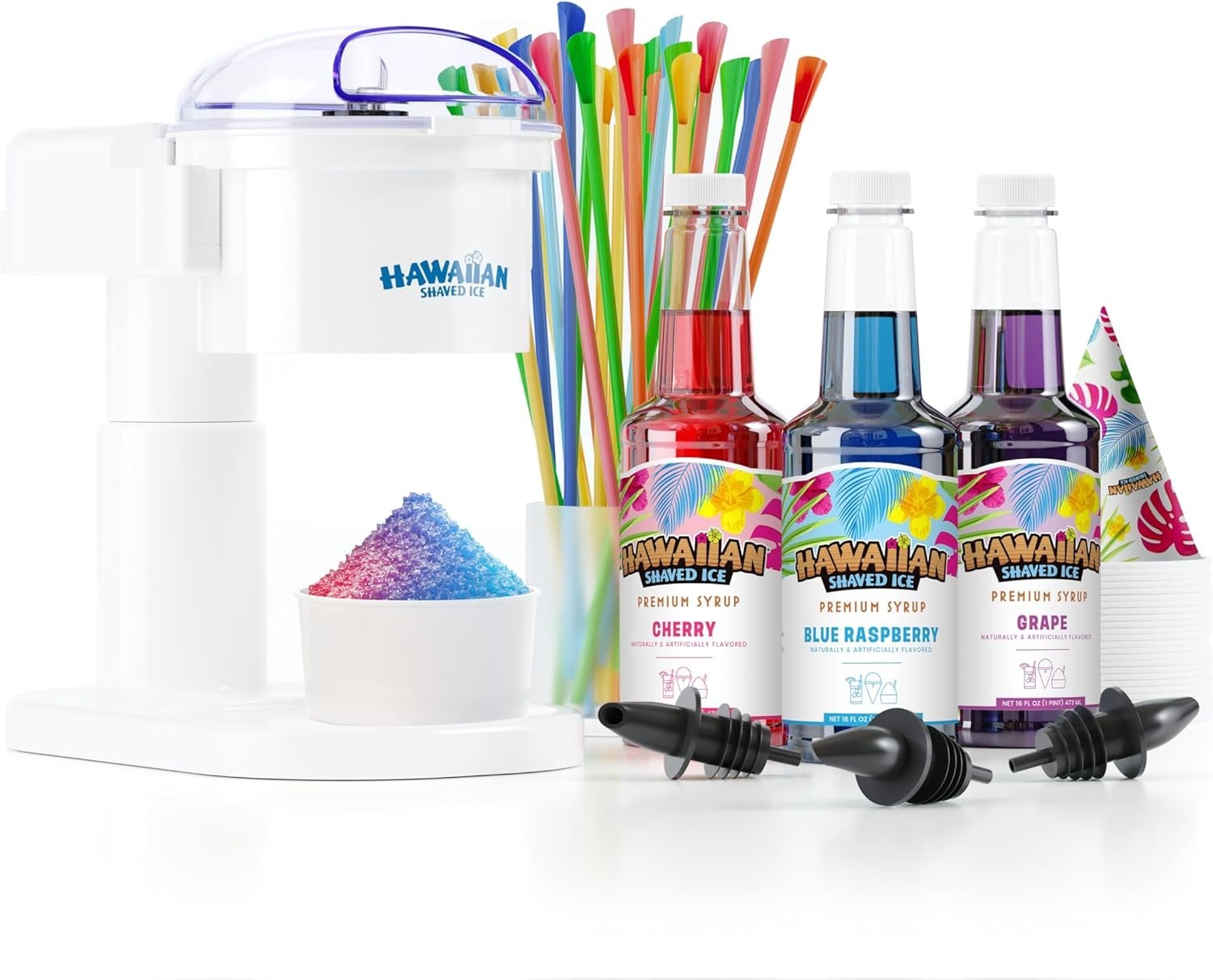 S700 Electric Snow Cone Maker with Cherry, Grape, Blue Raspberry Syrups & Cups