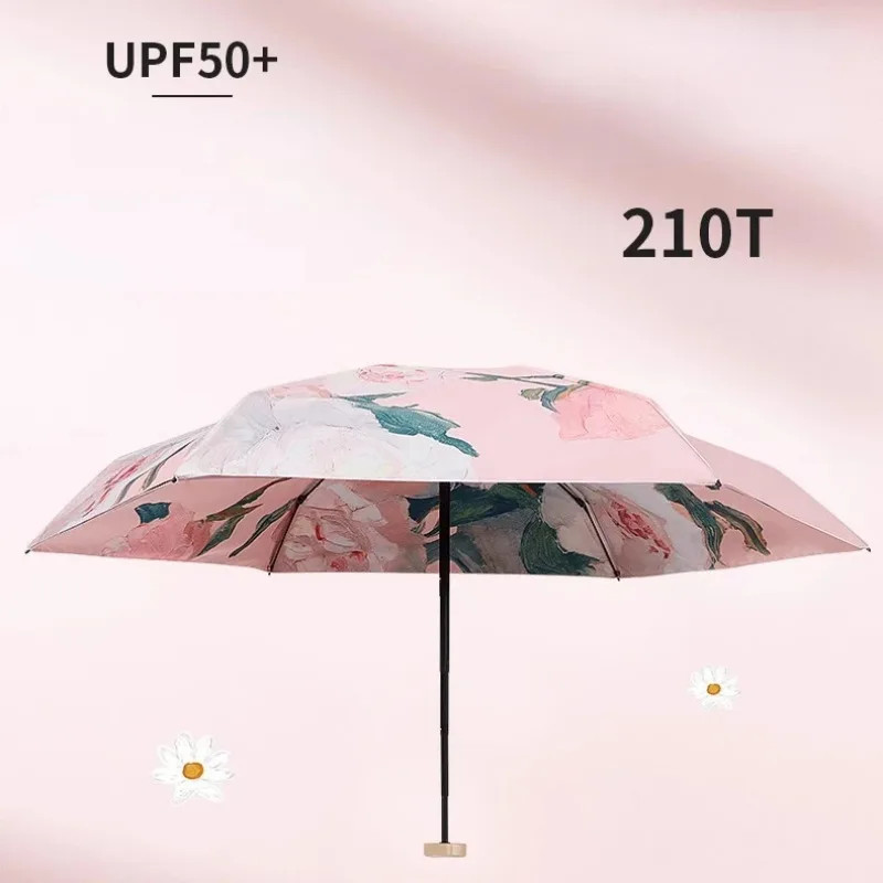 Mini Dual Purpose Sun Umbrella Fashion Oil Painting Style UPF50+ Sun Protection