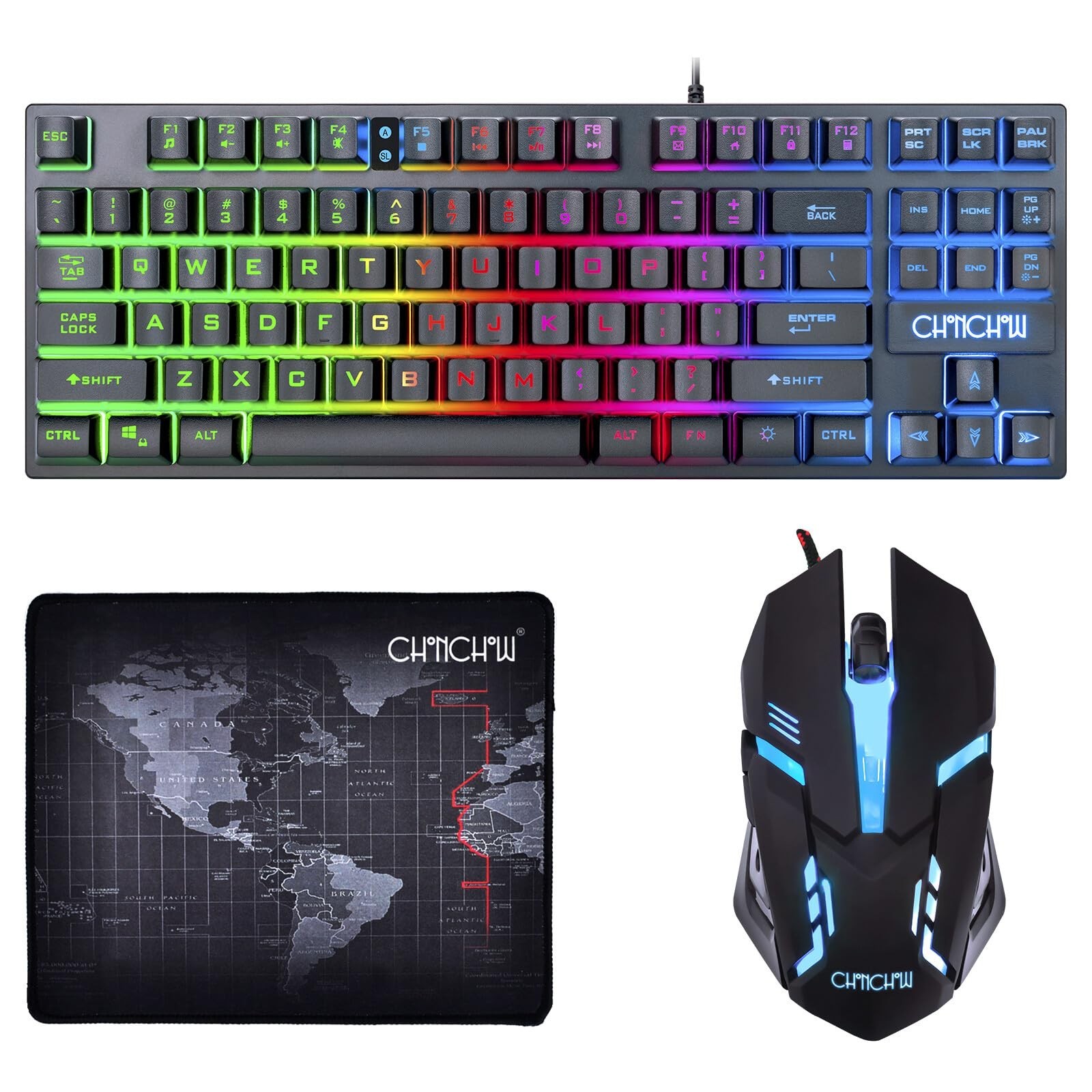 CHONCHOW 87 Keys TKL Gaming Keyboard and Mouse Combo, Wired LED Rainbow Backl...