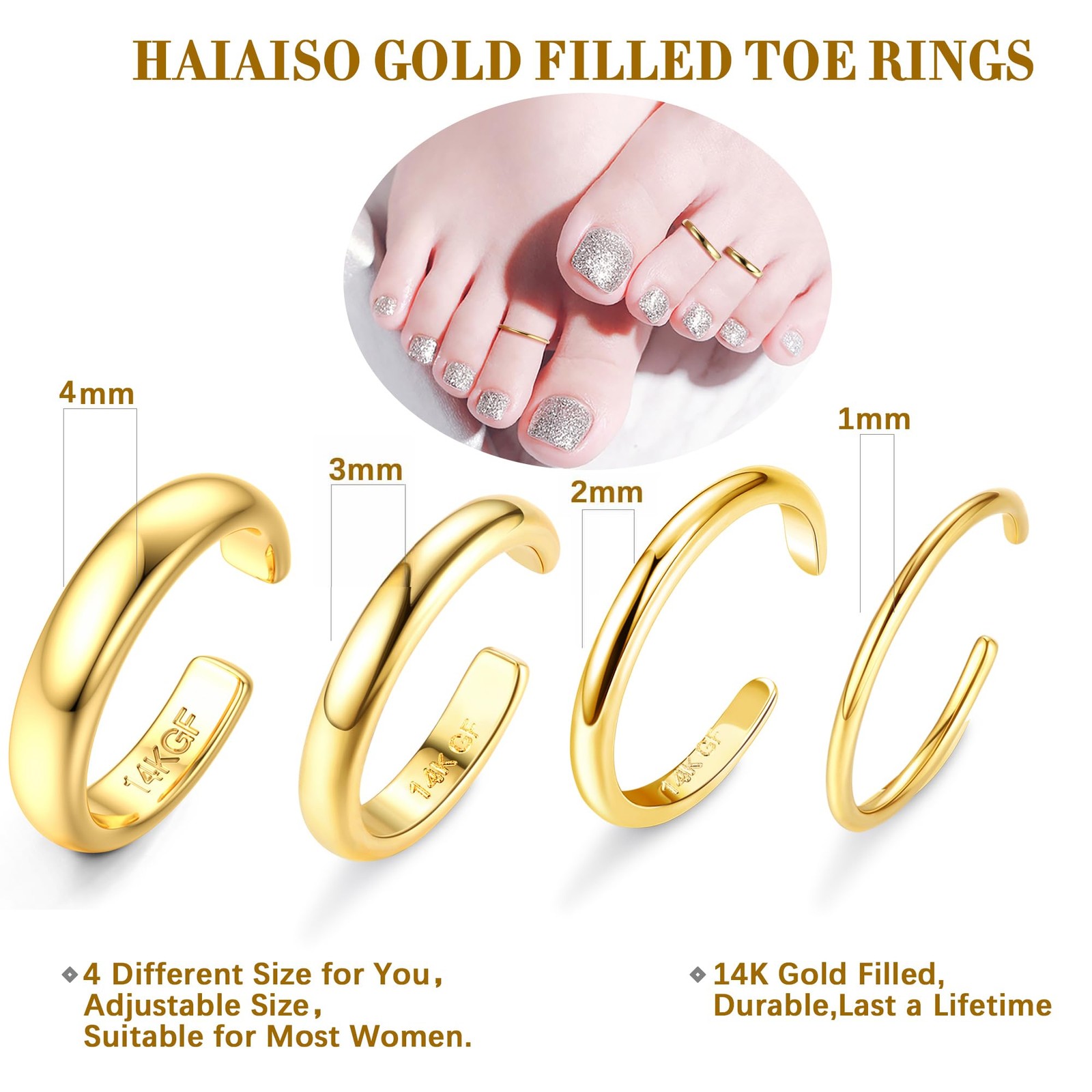 14K Gold Plated Toe Rings Adjustable Toe Ring for Women Thin Toe Rings Open B...