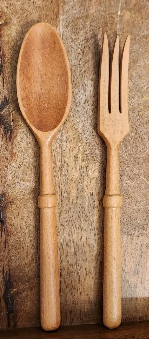 Vintage Salad Serving Set Wood 10" Spoon Fork Japan MCM Excellent Condition