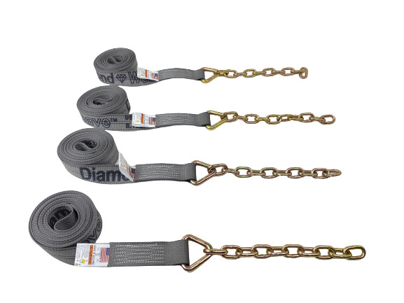 4 Pack of 2" x 14' Foot GREY DW Strap with 12 inch 5/16 G70 Chain Tail
