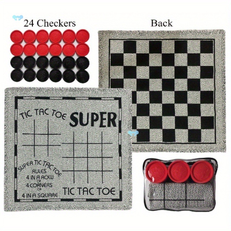 3 in 1 Giant Checkers Game Set,Super Tic Tac Toe,Including Reversible Rug wit..