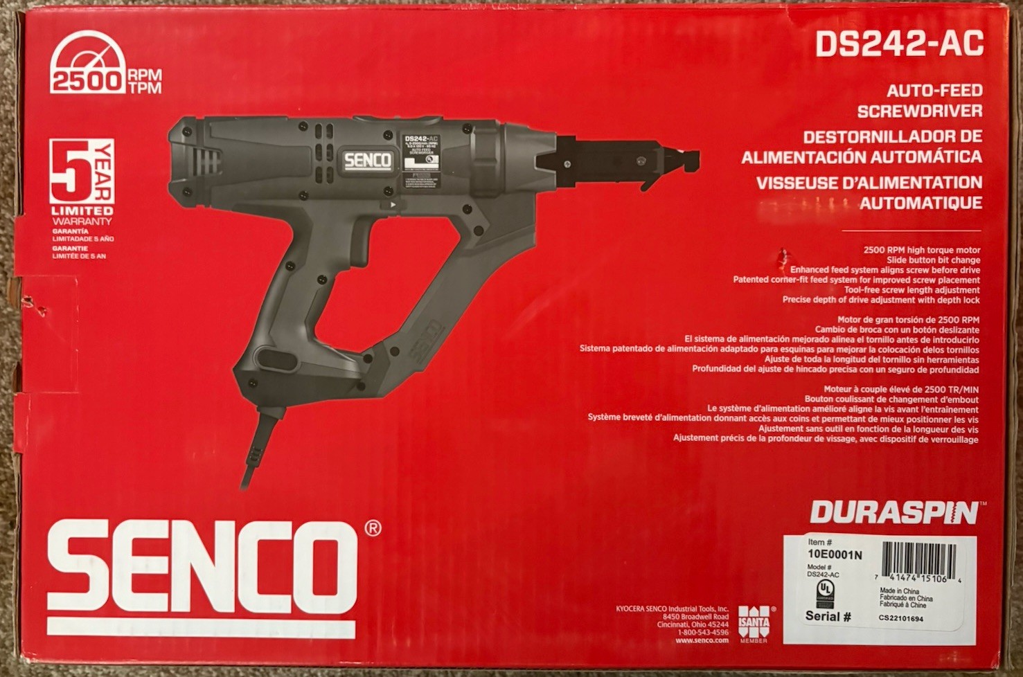Senco Duraspin DS242-AC 2 In. 2500 RPM Autofeed Electric Screwgun Kit 10E0001N