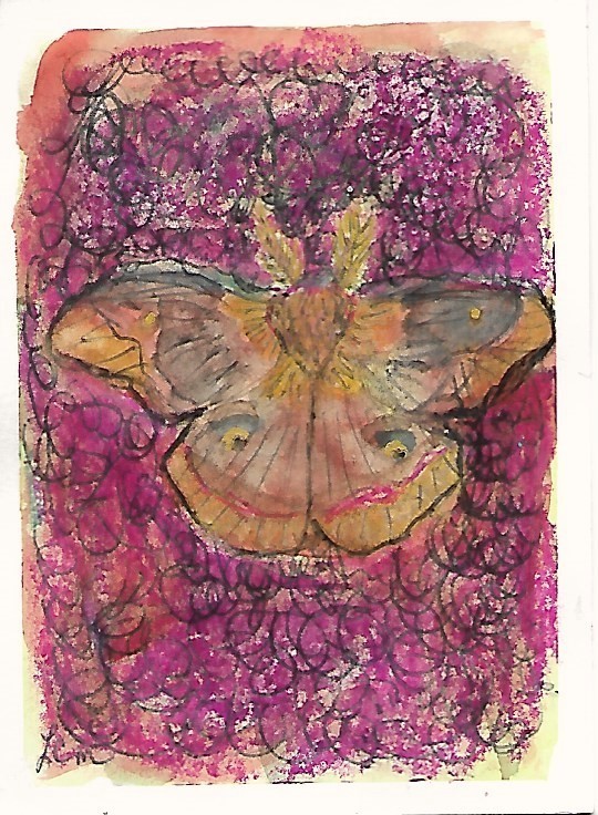 ACEO Art Card Original Mixed Media Moth 2.5 in x 3.5in Signed by Artist