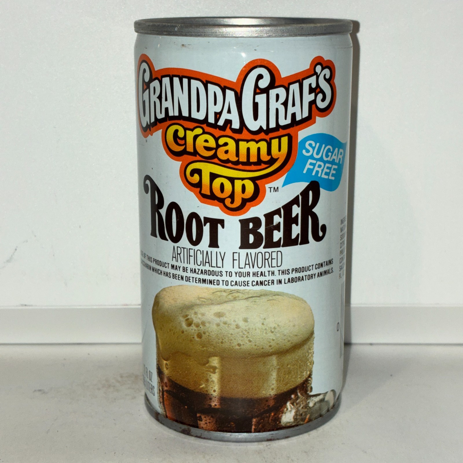 Grandpa Graf's Sugar Free Root Beer soda can, bottom opened