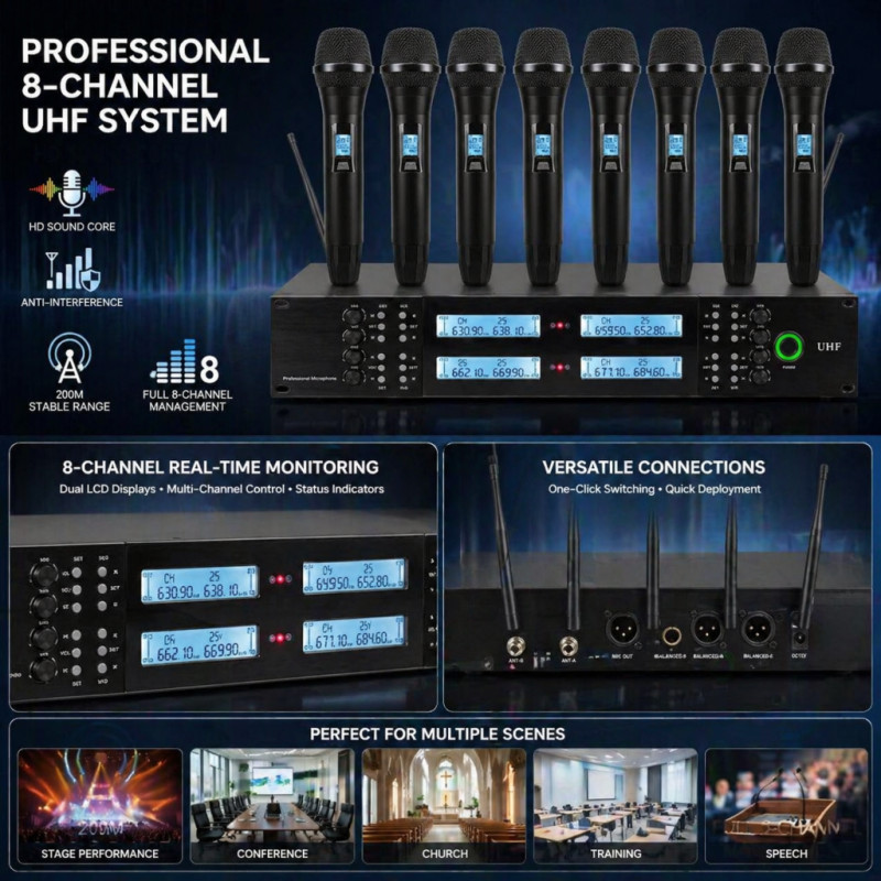 Professional 8-channel UHF wireless handheld microphone system