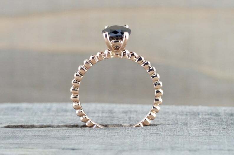 1.05ct Simulated Black Simulated Diamond Ring Beaded Solitaire Rose Gold Plated