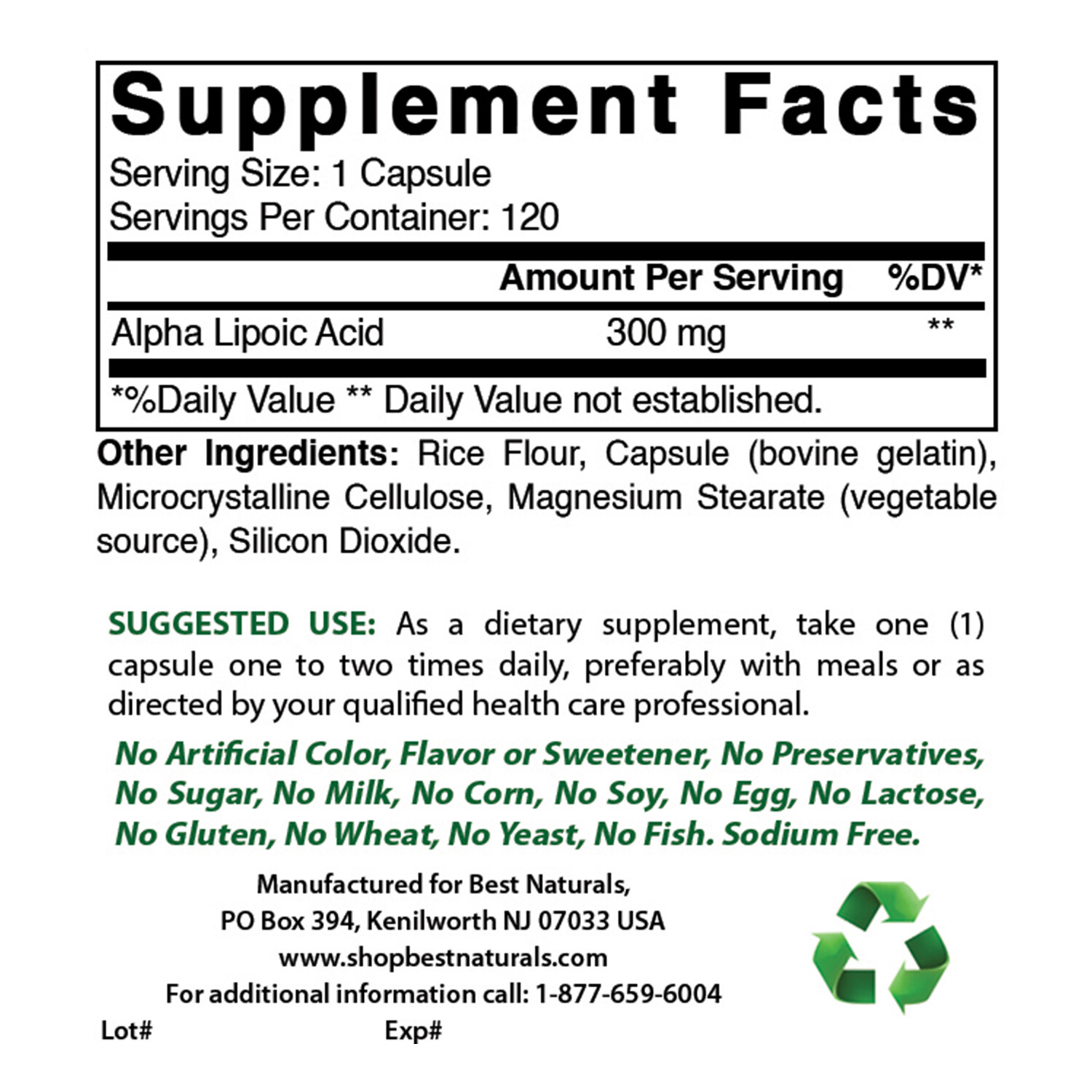 2 Pack Best Naturals Alpha Lipoic Acid 300 mg 120 Capsules antioxidant