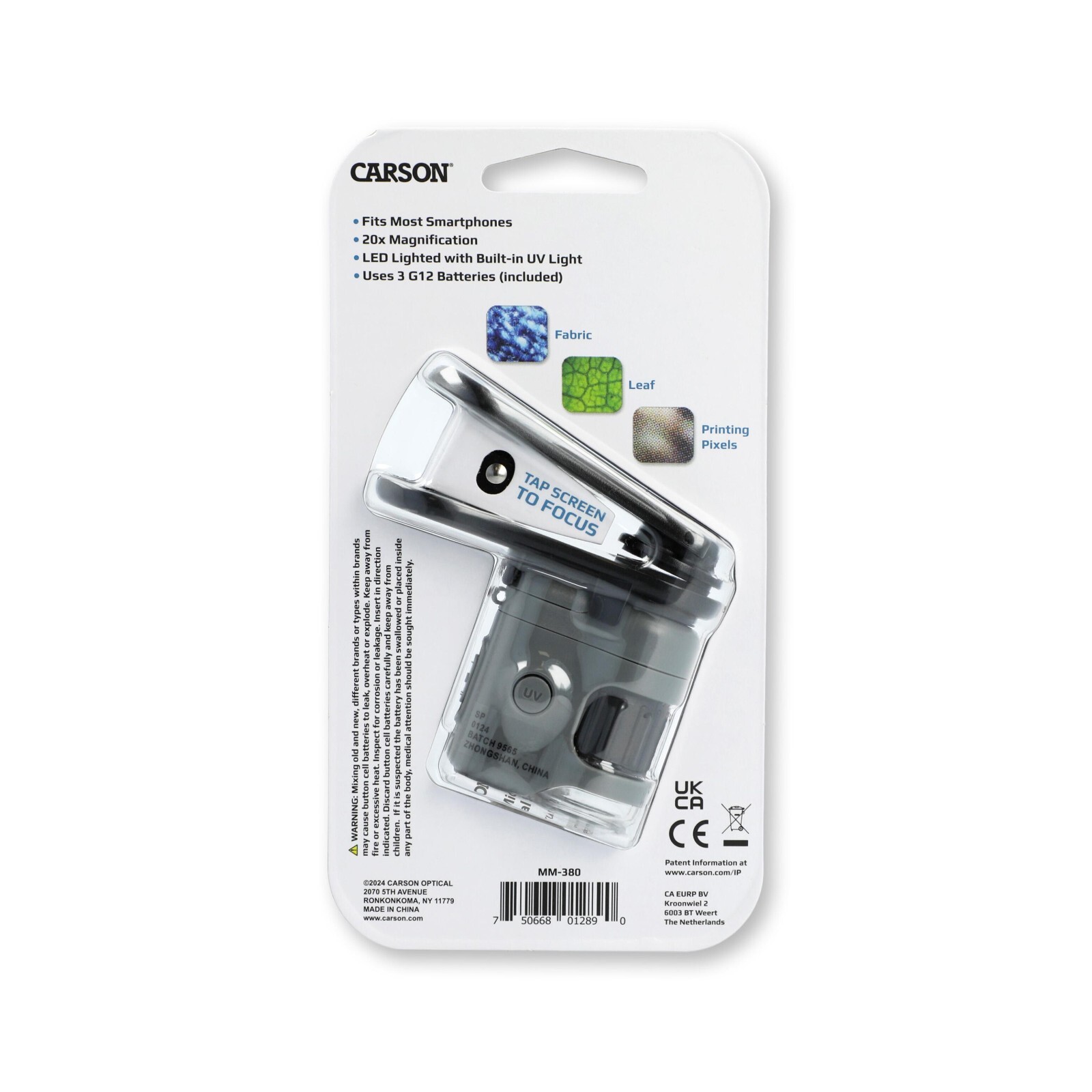 Carson MM380 MicroMini 20x LED/UV Lighted Pocket Microscope w/Smartphone Adapter