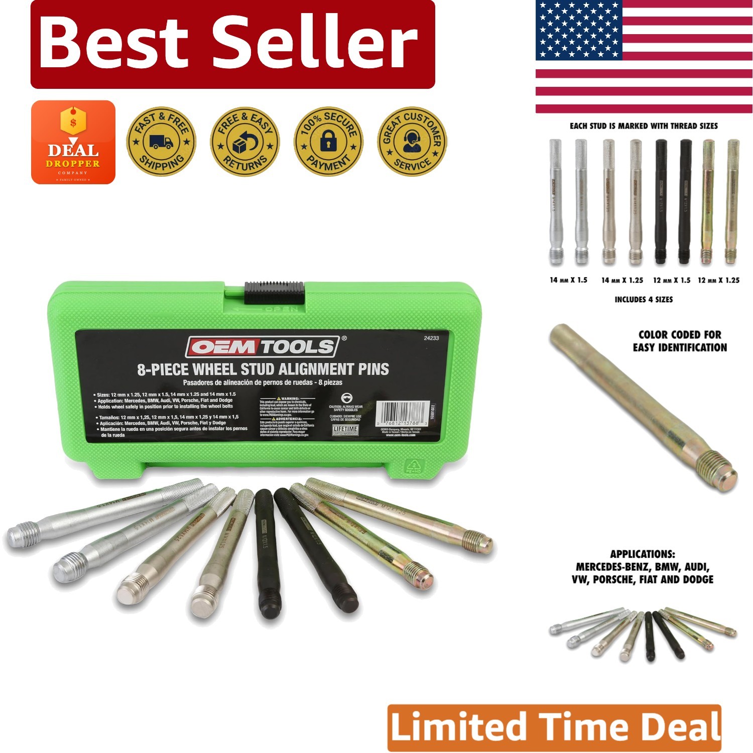 Versatile Wheel Stud Alignment Tool - 8-Piece Set for Foreign and Domestic Cars