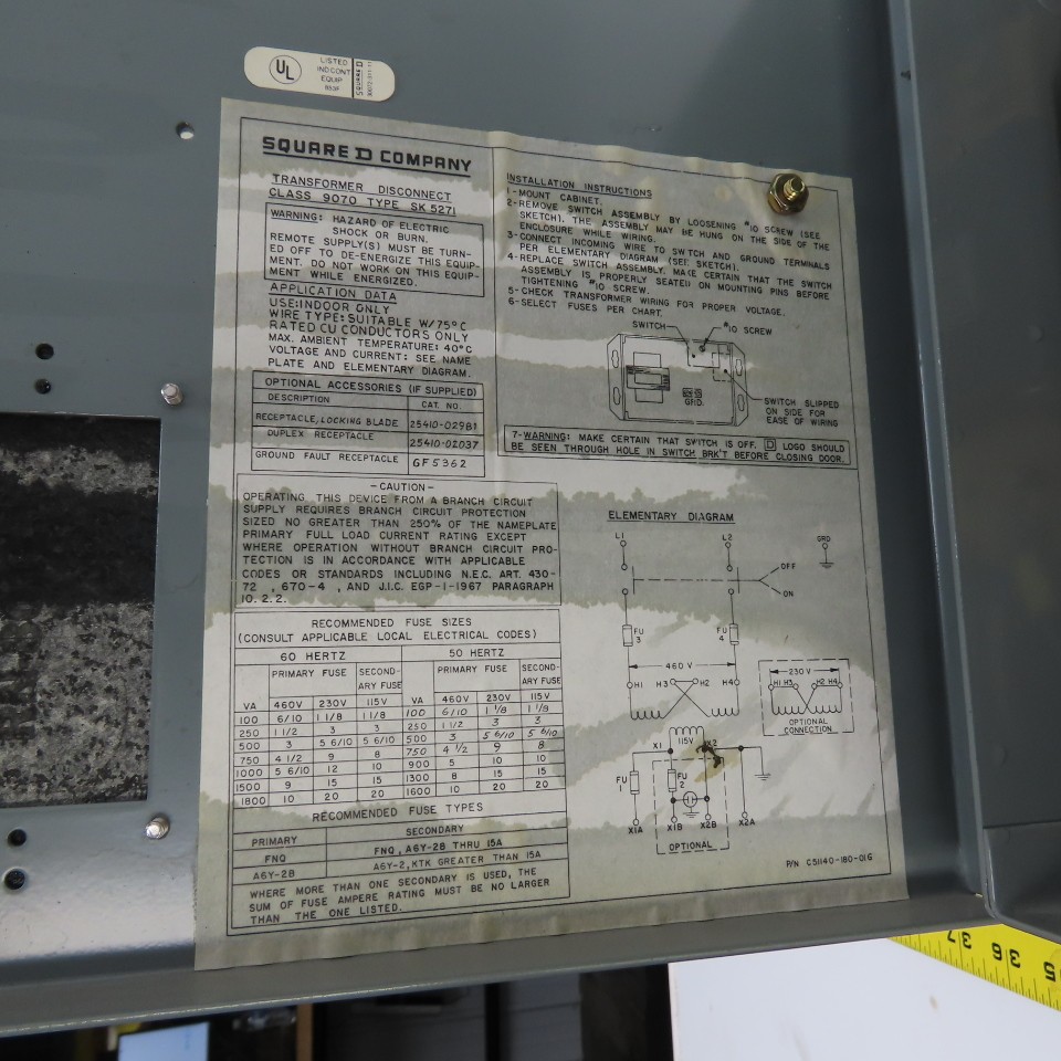 Square D SK5271S Class 9070 Transformer Disconnect Pri 230/460V Sec 115V 4.35A