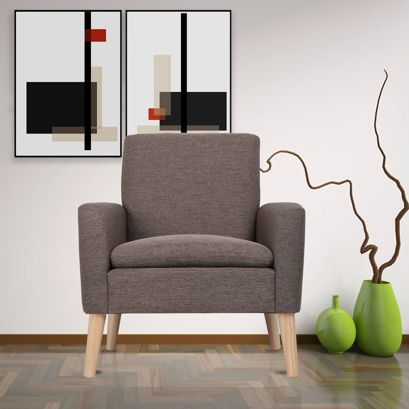 Arm Chair Accent Single Sofa Linen Upholstered Wood Leg Living Room Armrest Sofa