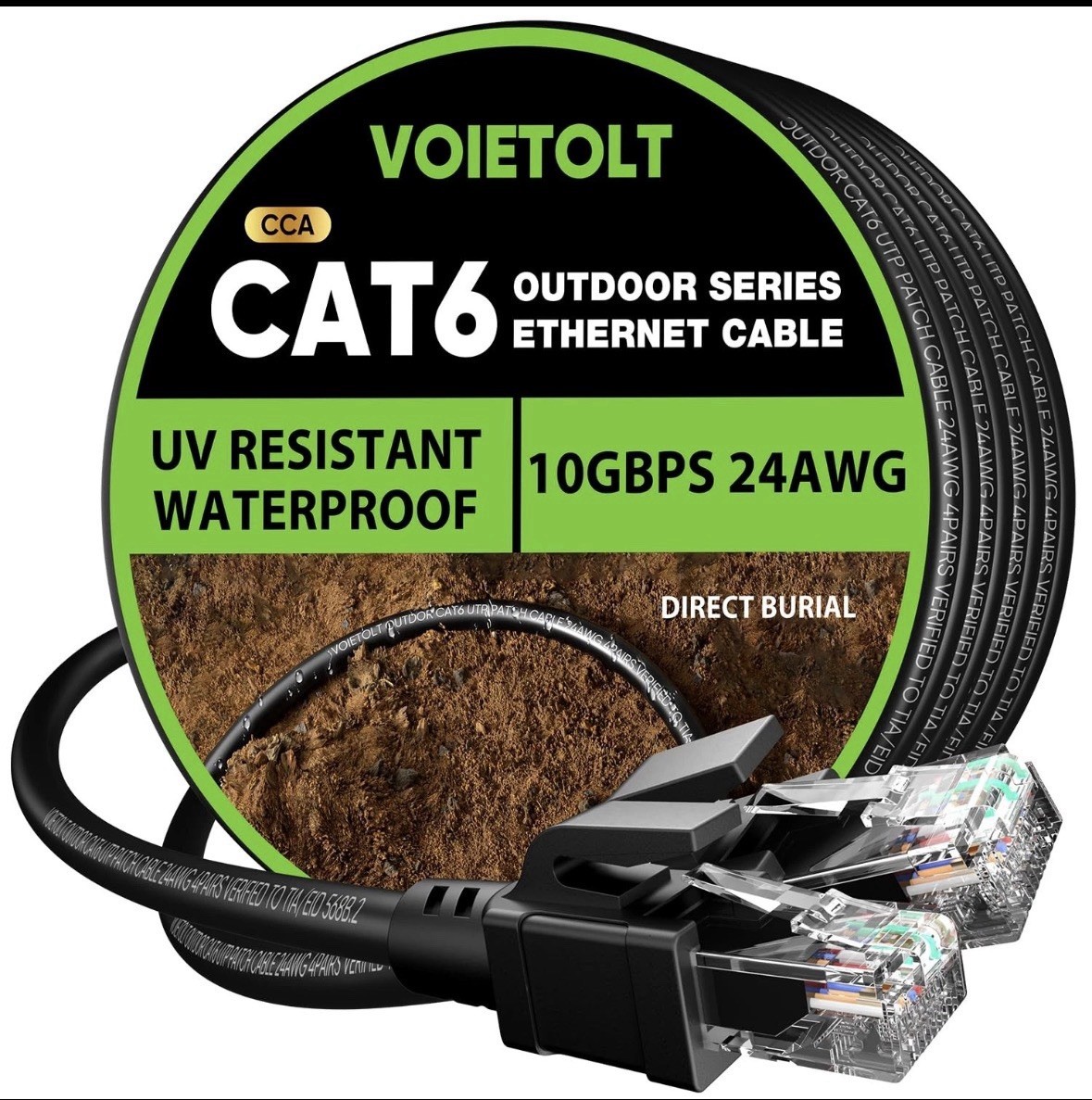 VOIETOLT Cat 6 Outdoor Ethernet Cable 100 ft, 24AWG 10Gbps Cat6 100FT, Black