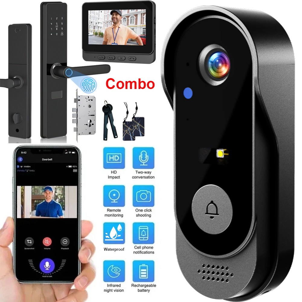2.4GHz Wireless Doorbell Camera Door Video Bell with 7in1 Fingerprint Door Lock