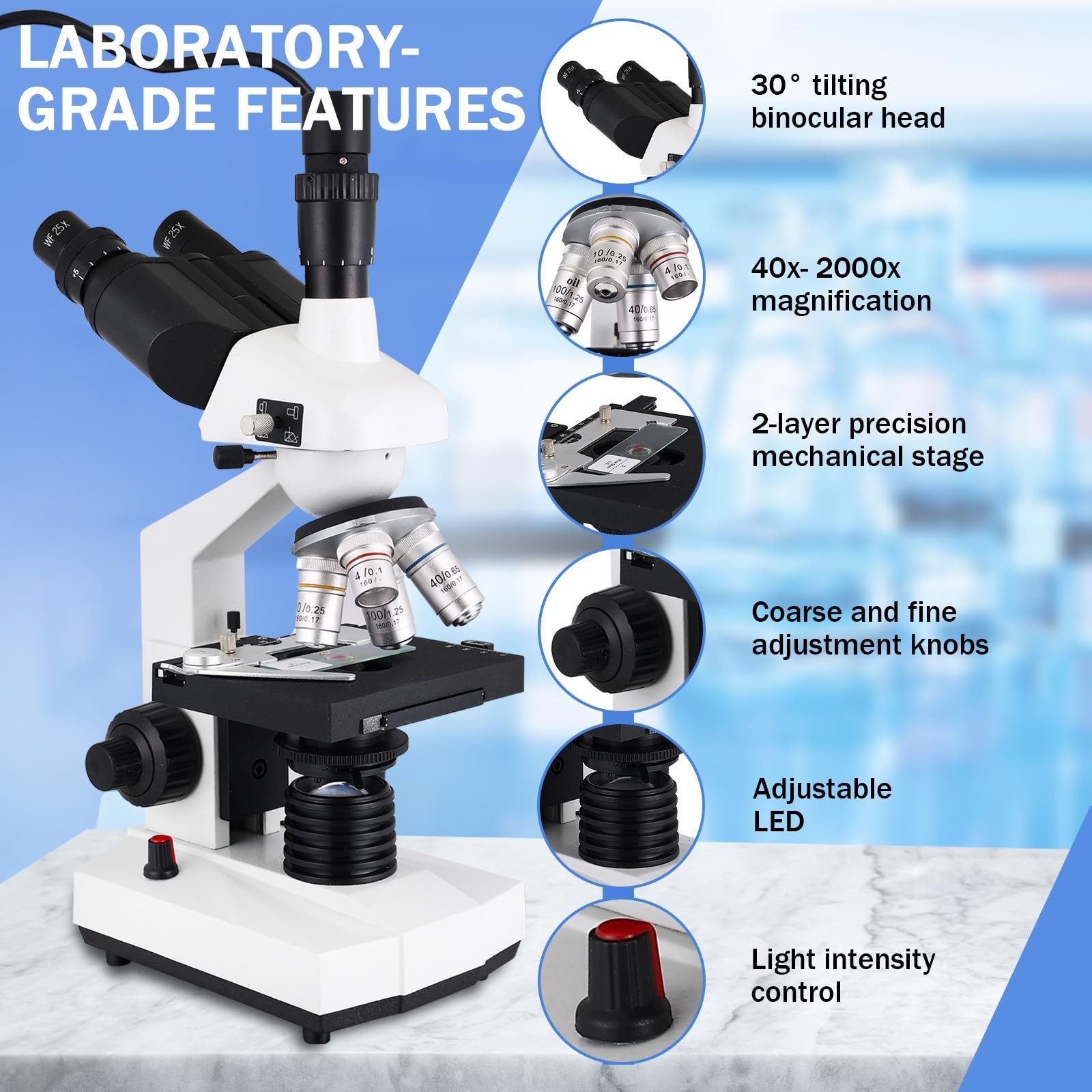 Compound Trinocular Microscope, 40X-5000X Magnification, Research Grade Profe...