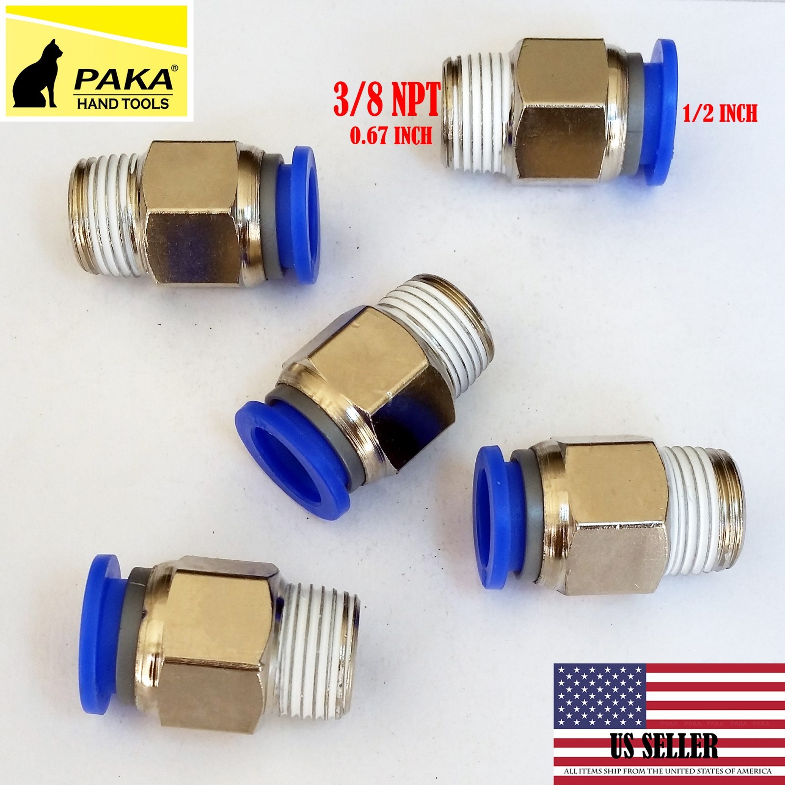 5  Male Straight Connector Tube OD 1/2" X  NPT 3/8 PU Air Push In Fitting