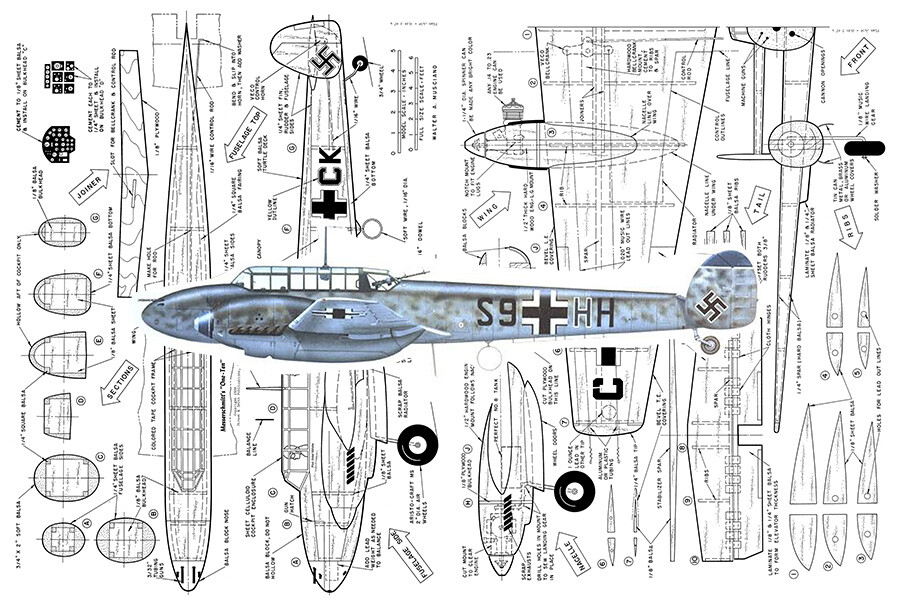 Model Airplane Plans (UC): Me-110 40" 1/12 Scale for .14-.29 Engines (Musciano)