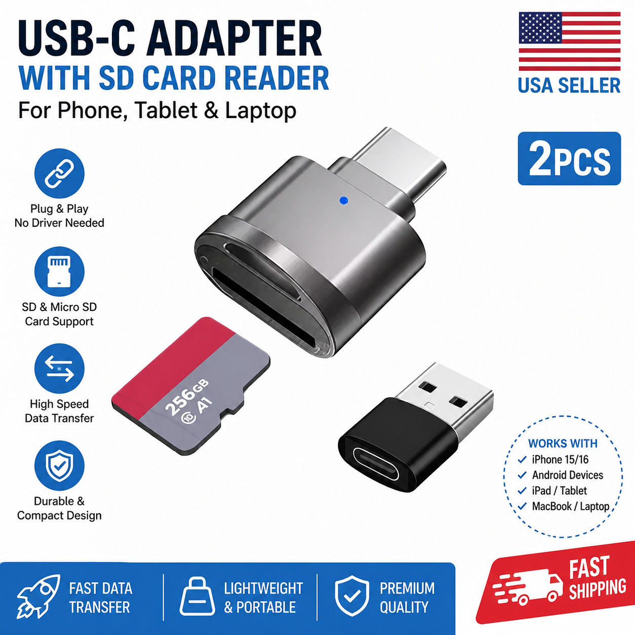 2PCS USB C SD TF Card Reader USB A OTG Adapter for Android Laptop Camera