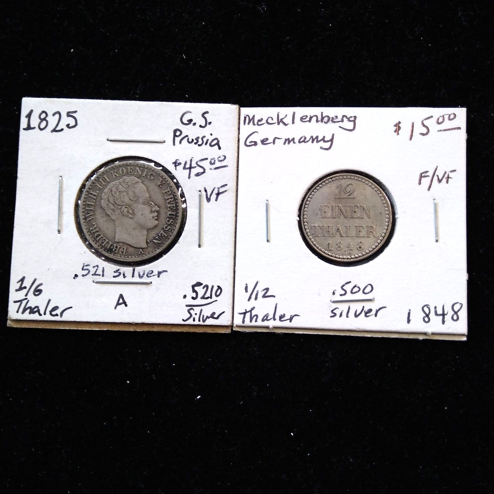 Lot of 2 Germany Fractional Thaler Silver Coins (1825 & 1848)