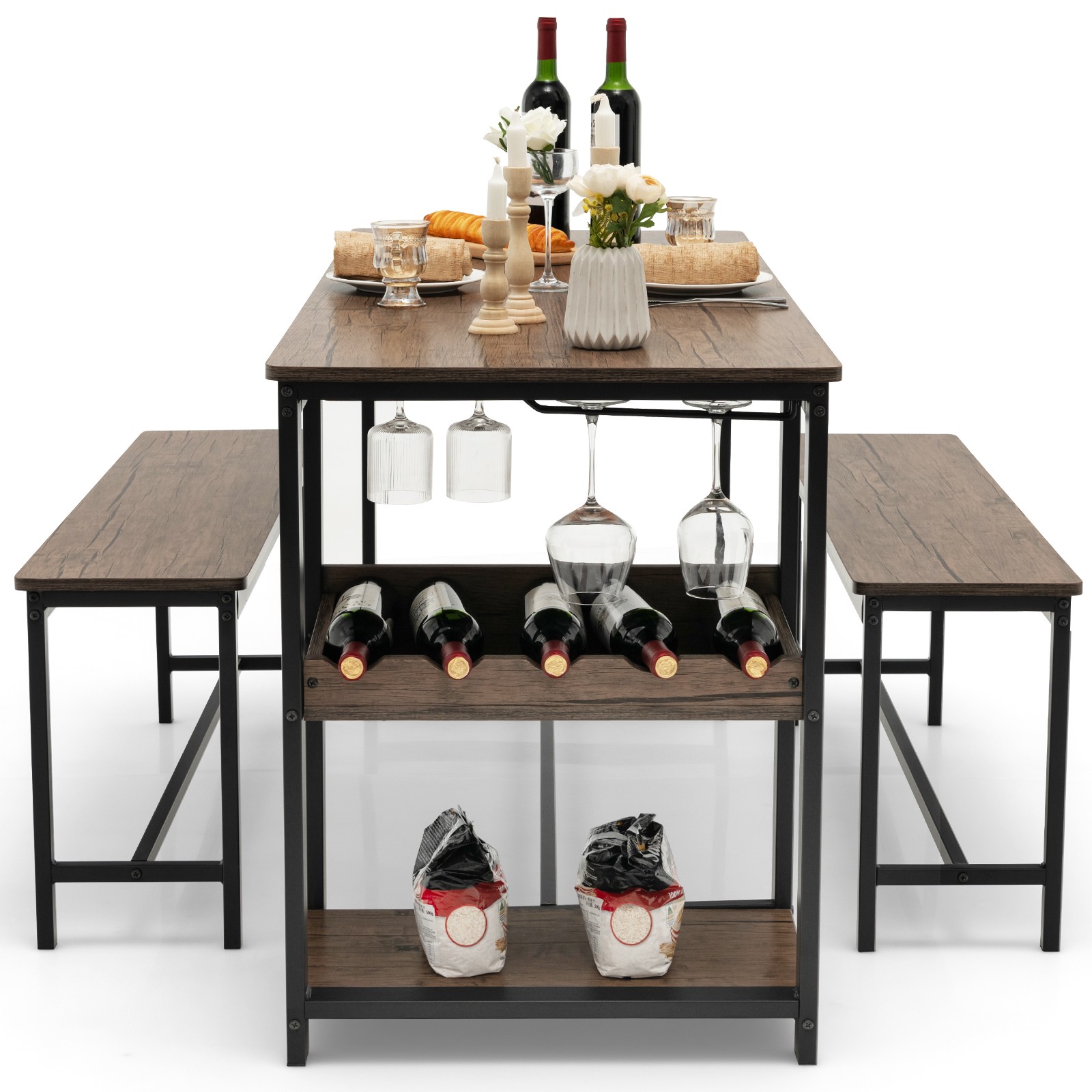 3-Piece Dining Table Set w/3-Piece Dining Table Set &2 Wide Benches Coffee Black