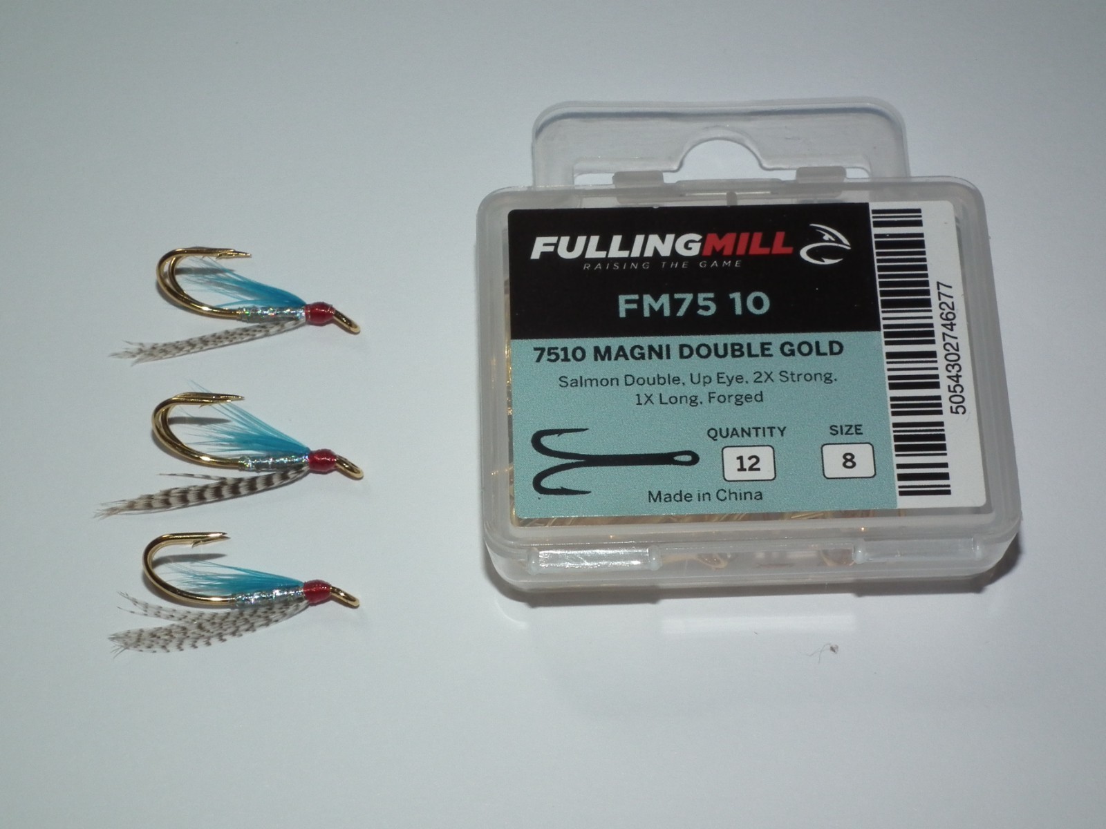 salmon/seatrout flies -- 3 medicine tied on fullingmill size 8 gold double hooks