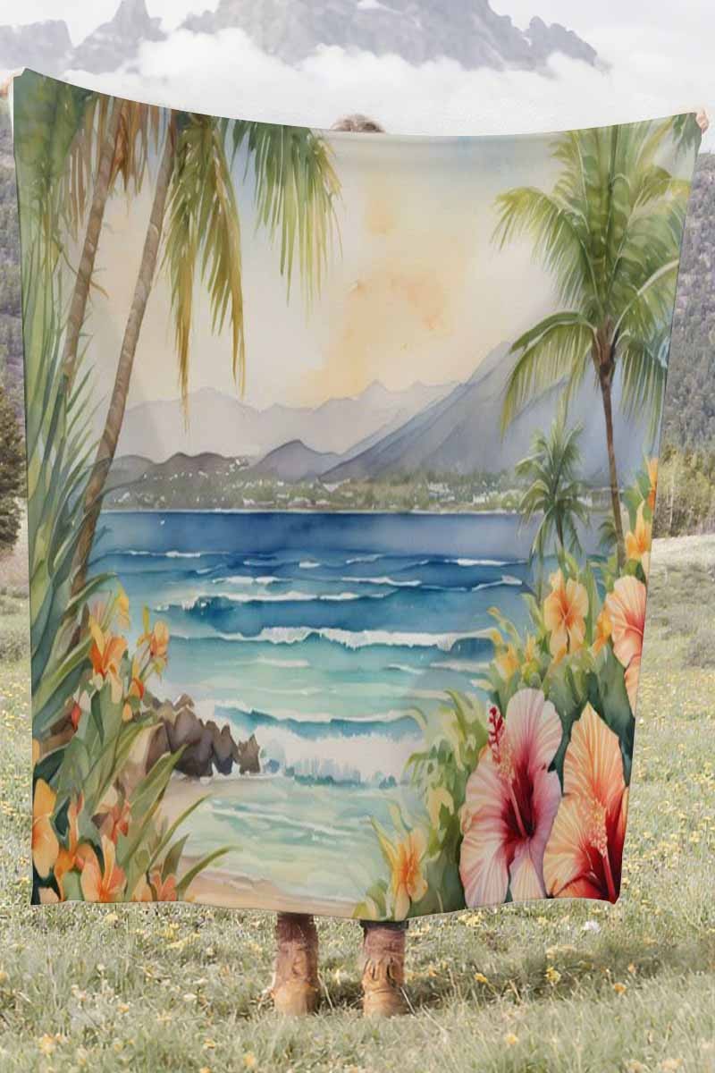 Tropical Beach Hibiscus Coral Fleece Cozy Throw Blanket Boho Stunning
