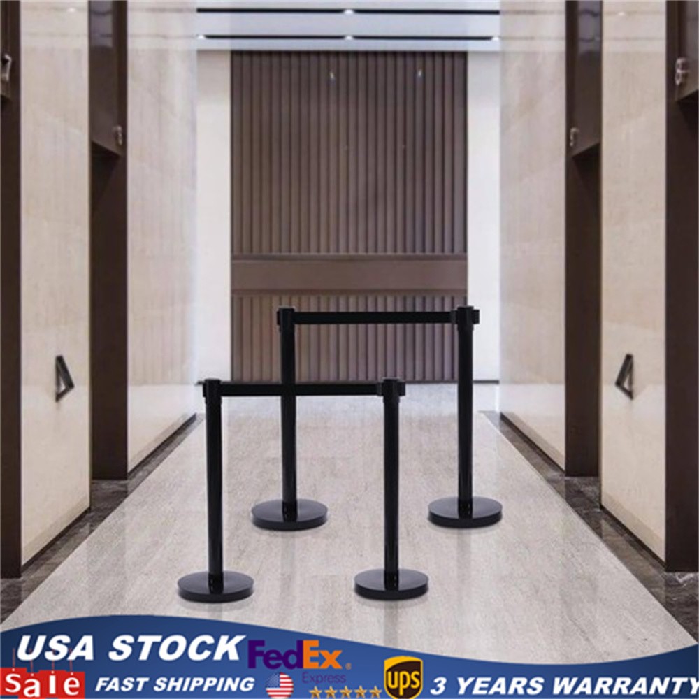 4* Black Retractable Belts Stanchion Post Event & Party Crowd Control 6.6ft Belt