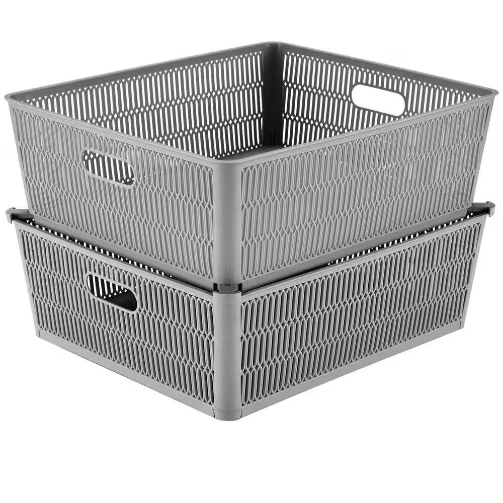 15 In. L X 13 In. W X 5 In. H 2 Pack Slide 2 Stack It Shallow Storage Tote Baske