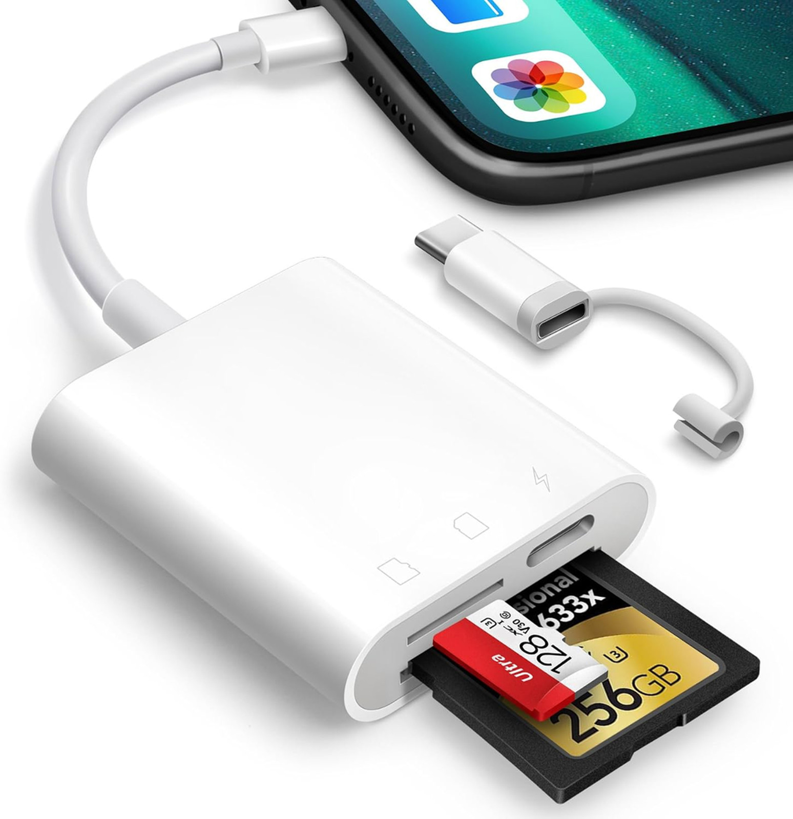 SD Card Reader for iPhone iPad, Dual Slot MicroSD SDXC MicroSDHC Lightning USB-C