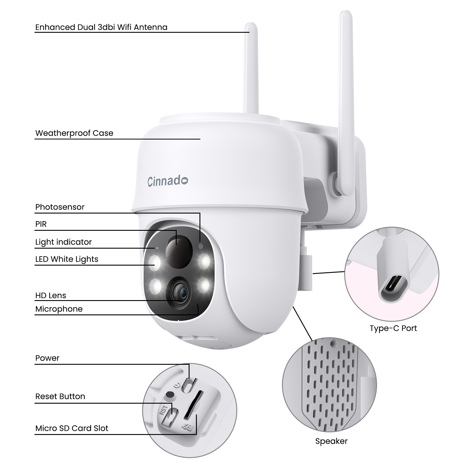 3PCS Cinnado Solar Security Camera Wireless Outdoor 2K 360° PTZ with Solar Panel