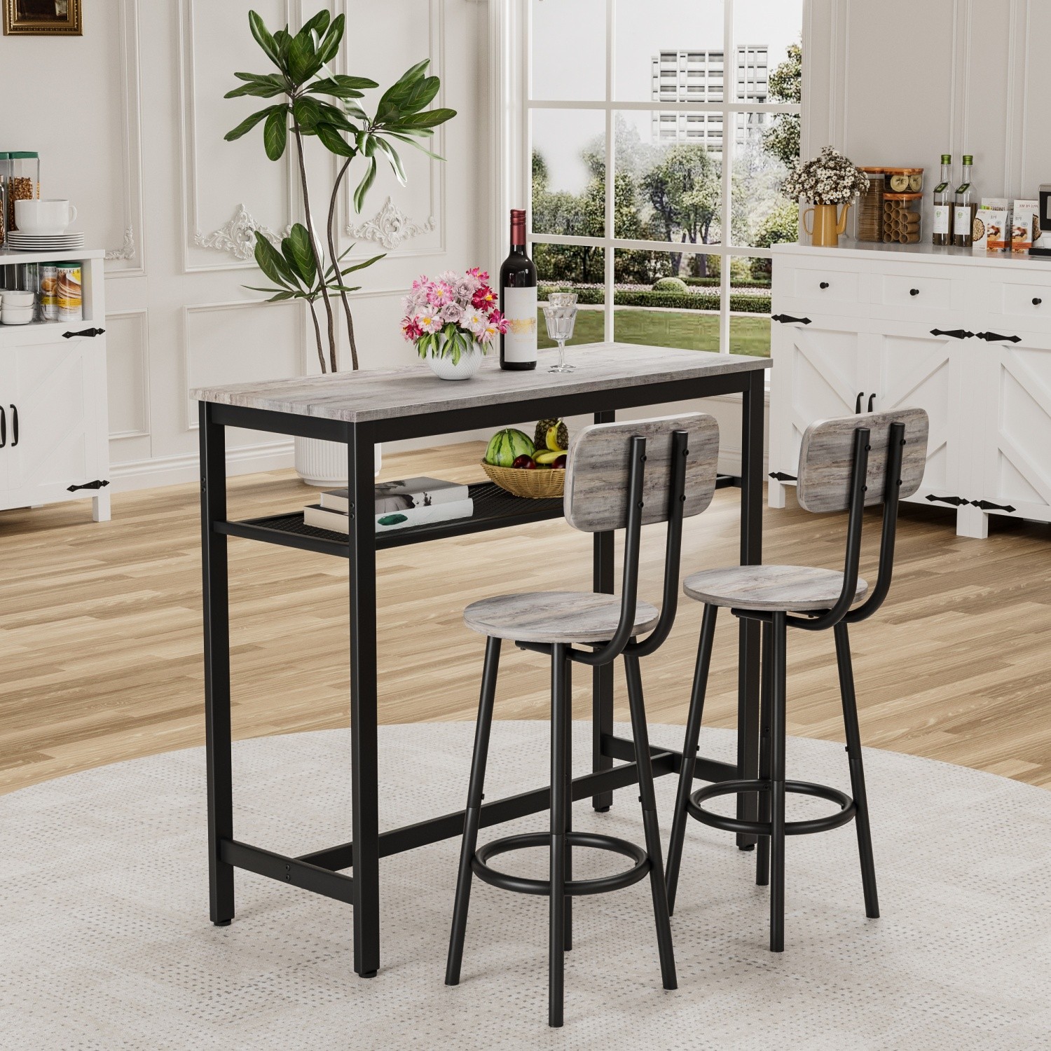 Modern 3 Piece Bar Table Set w/ 2 Bar Stools and Metal Frame & Storage Rack US