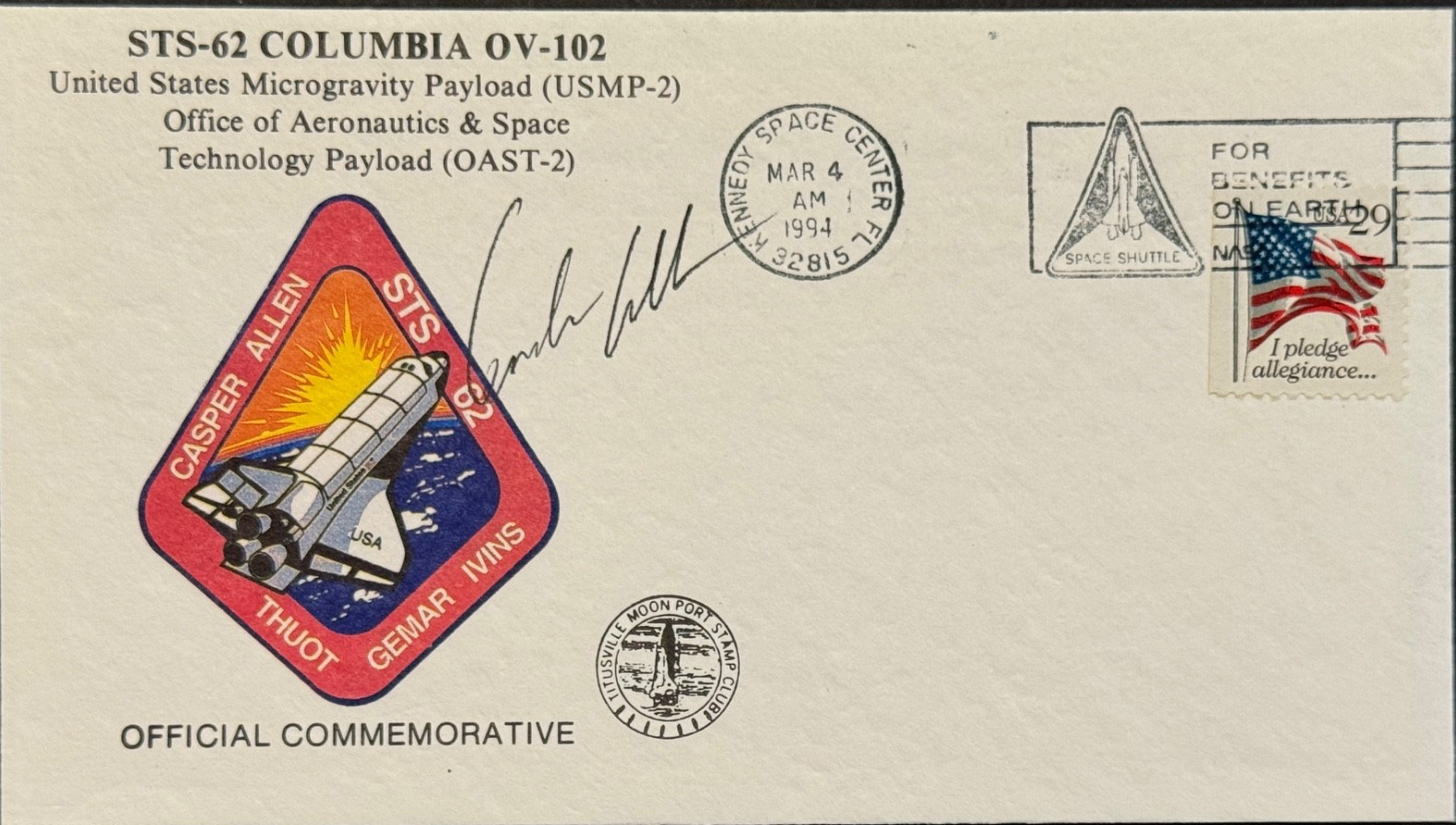 STS-62 #1 Autographed Crew Patch Cover by Pilot Andrew Allen