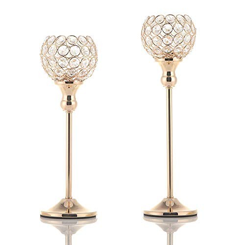 Crystal Candle Holders Set of 2,Pillar Candlesticks 2 pcs 13" & 15" Tall Gold