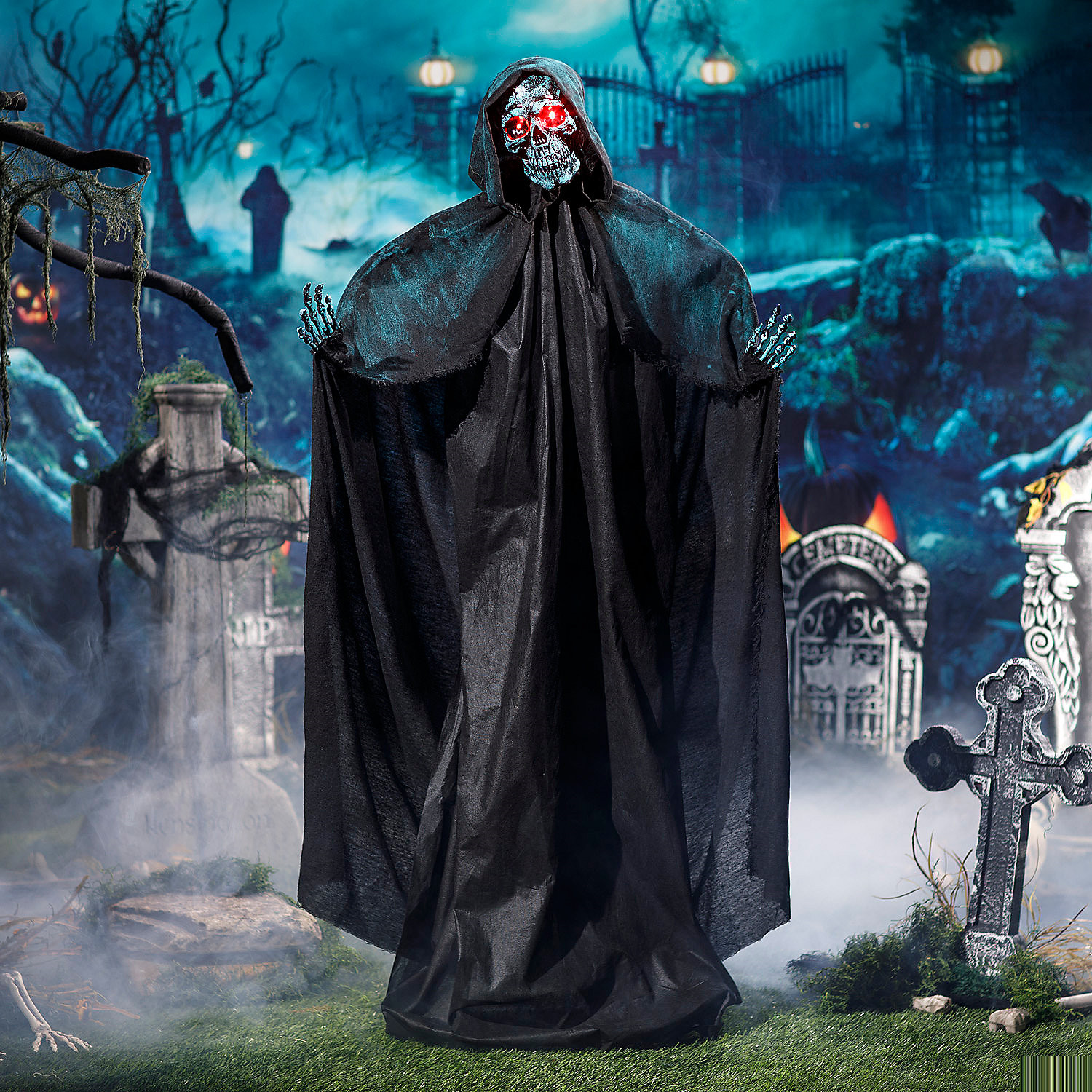 5 1/2 Ft. Animated Standing Skeleton of Death Plastic Statue - Morris Costumes