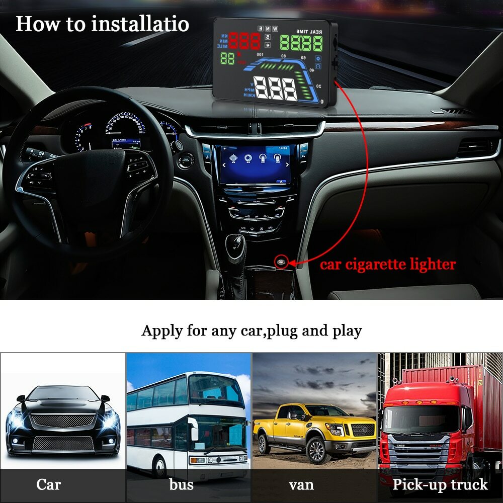 AutoCar HUD GPS Head Up Display Speedometer Overspeed Alarm Windshield Projector