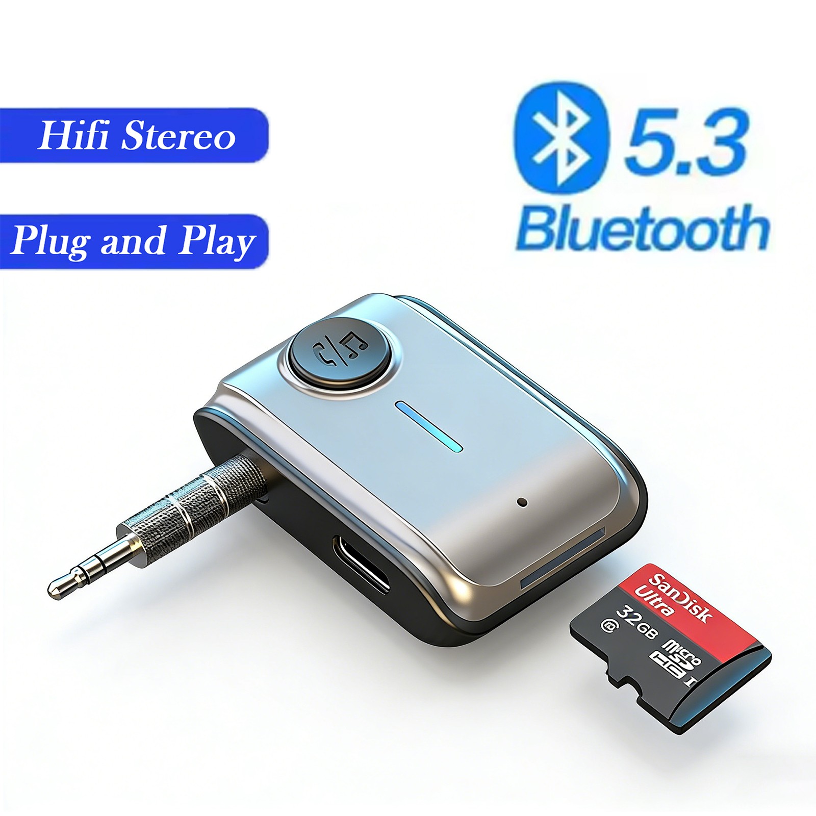 1x Bluetooth 5.3 Receiver w/TF Card Play 3.5mm AUX Adapter for Car & Home Stereo