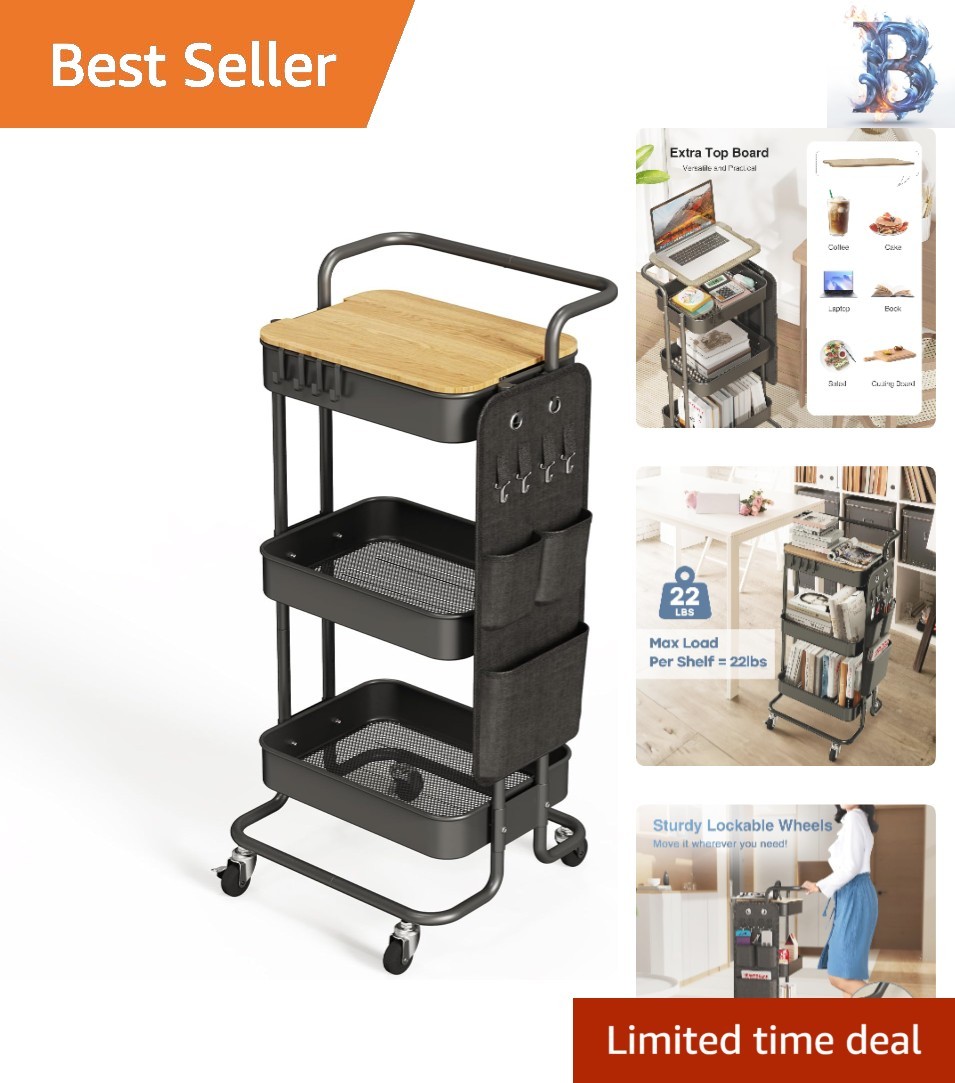 Versatile 3 Tier Rolling Cart - Metal Storage with Table, Hooks & Wheels