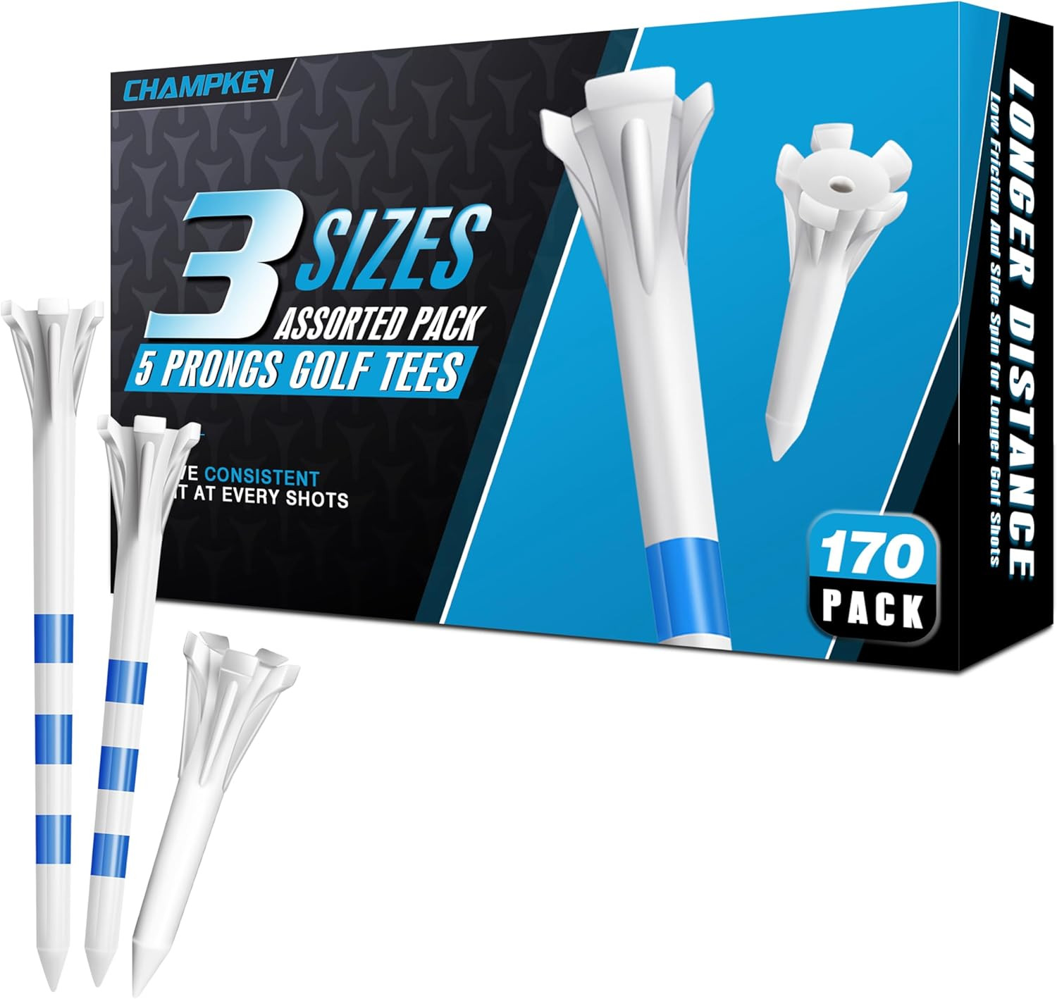 CHAMPKEY Professional 170 Pack 5-Prong Plastic Golf Tees 3 Sizes Assorted Pack -