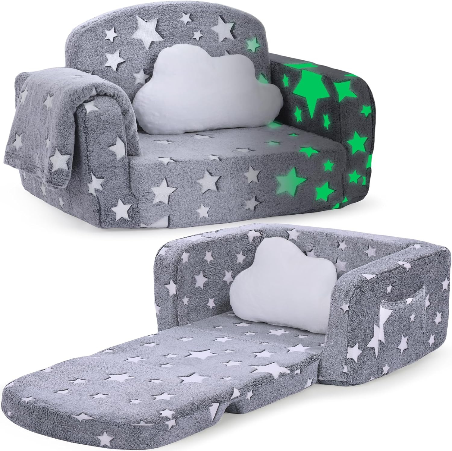 Glow in the Dark Kids Couch, 2-in-1 Toddler Sofa with Blanket & Pillow