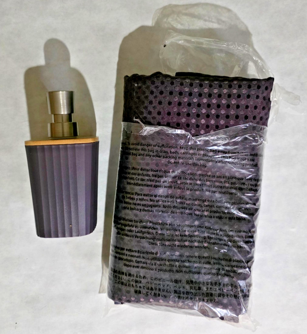 Clara Clark Shower Curtain & Soap Bath Dispenser Accessory Purple New Open