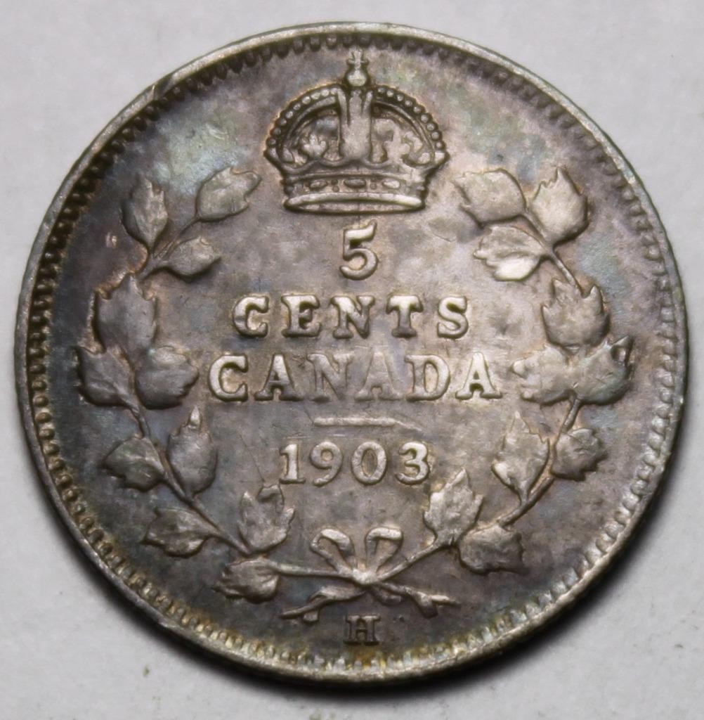 Canada 1903H Large H Silver 5 Cents, Nice Grade, King Edward VII (C369)