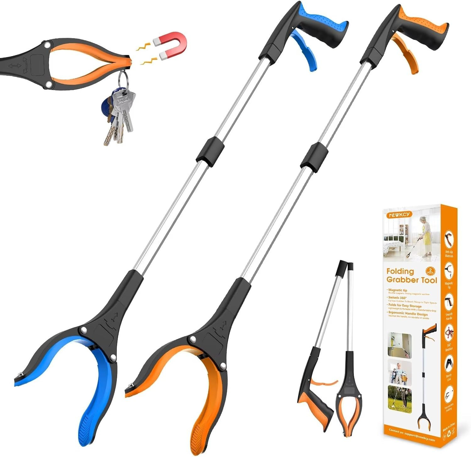 2-Pack 32" Foldable Grabber Reacher Tool w/ 360° Rotating Jaw & Magnet