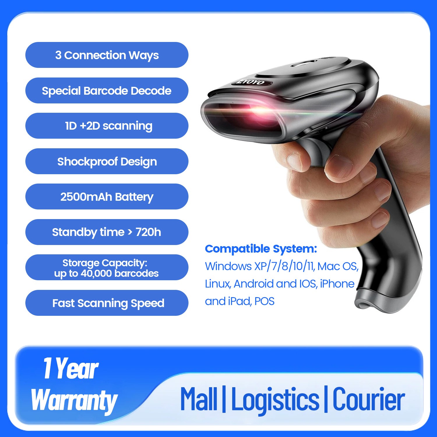 Eyoyo 1D 2D QR Code Wireless Barcode Scanner Library Warehouse Inventory Scanner