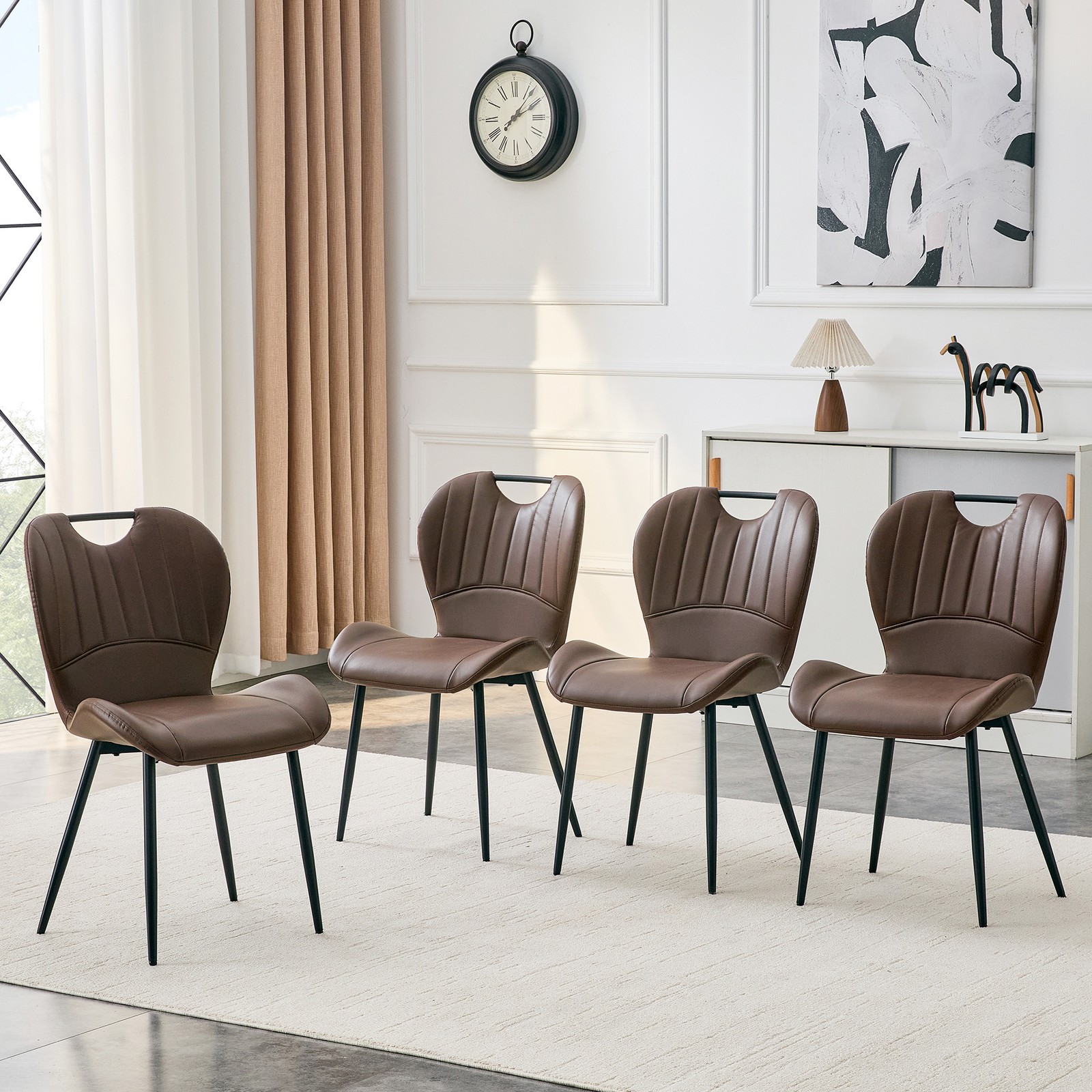 4 PU Leather Dining Chairs with Wide Cushion, Metal Handle & Adjustable Feet