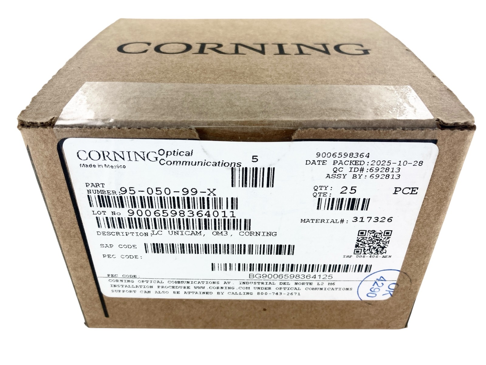 (BOX OF 25) Corning 95-050-99-X Unicam Connector Pretium 50 um LC MM OM3/OM4