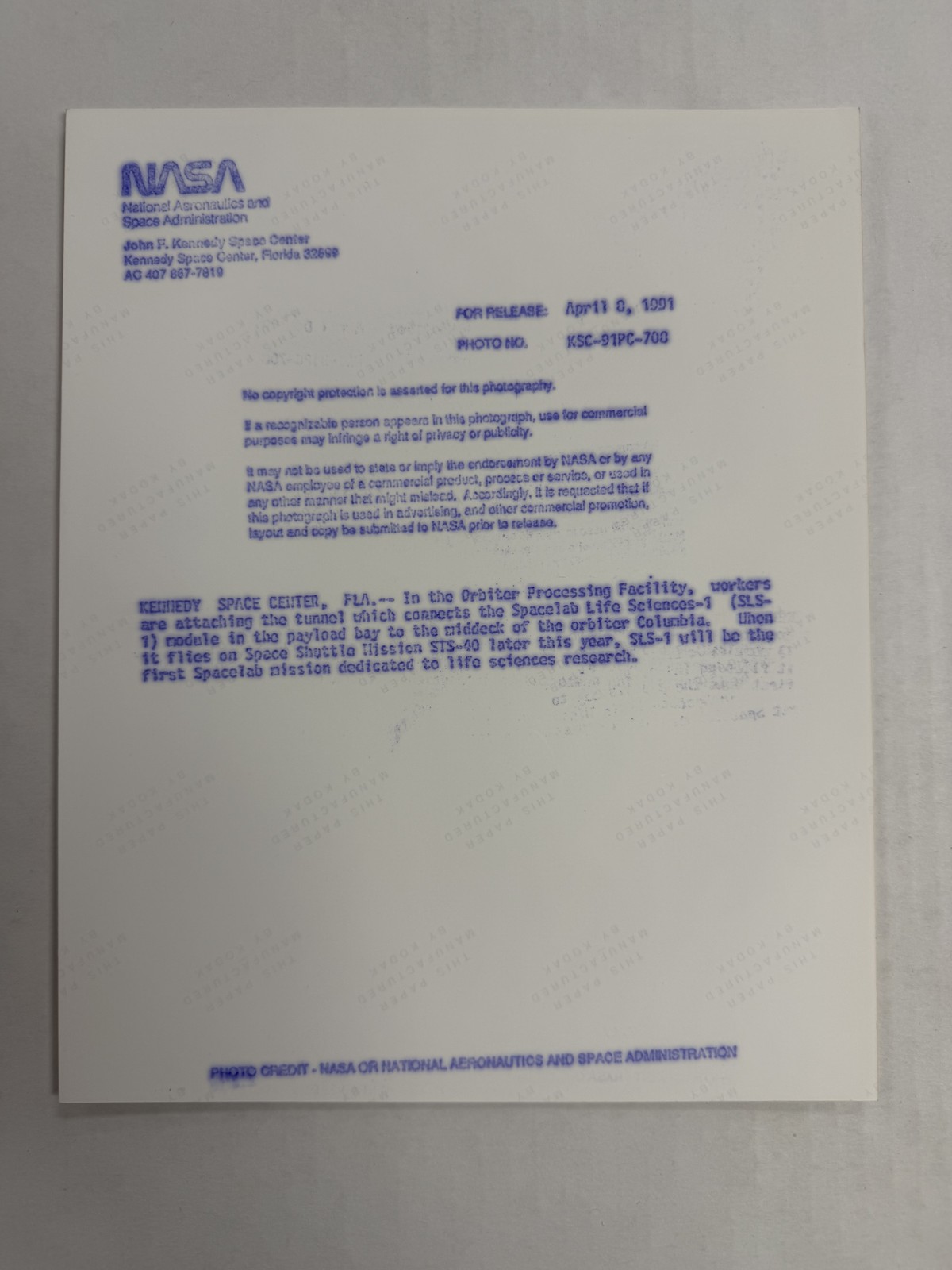 NASA STS-40 Spacelab Module Tunnel Connection Press Photo